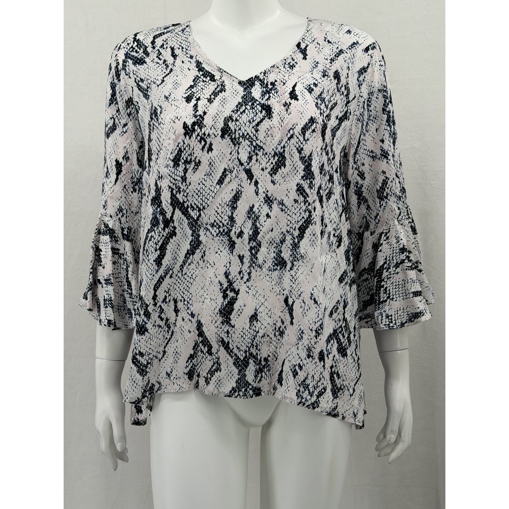 LaRoque Top Womens One Size Pink Blue Snakeskin Print Bell Sleeve V-Neck Resort